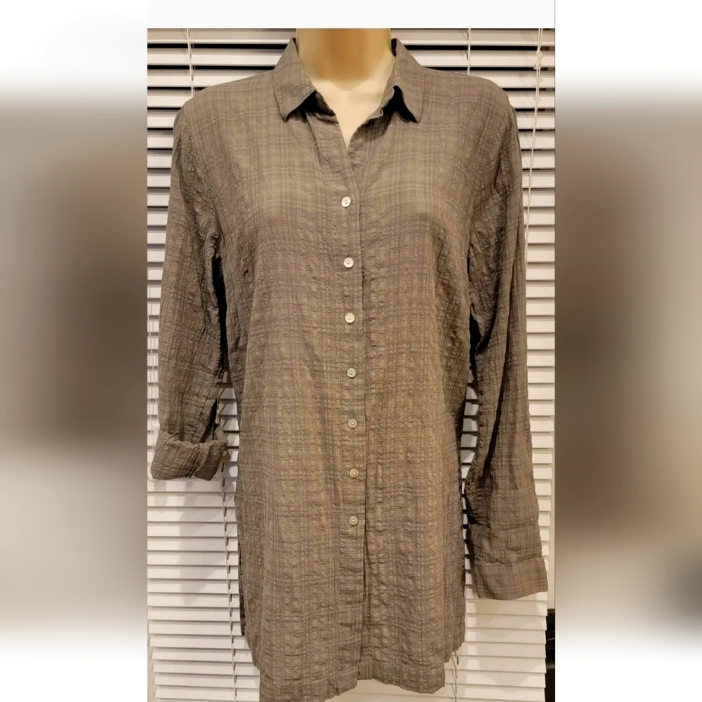 J Jill Viscose Tunic Small Crinkle Fabric Roll Tab Sleeve Button Front